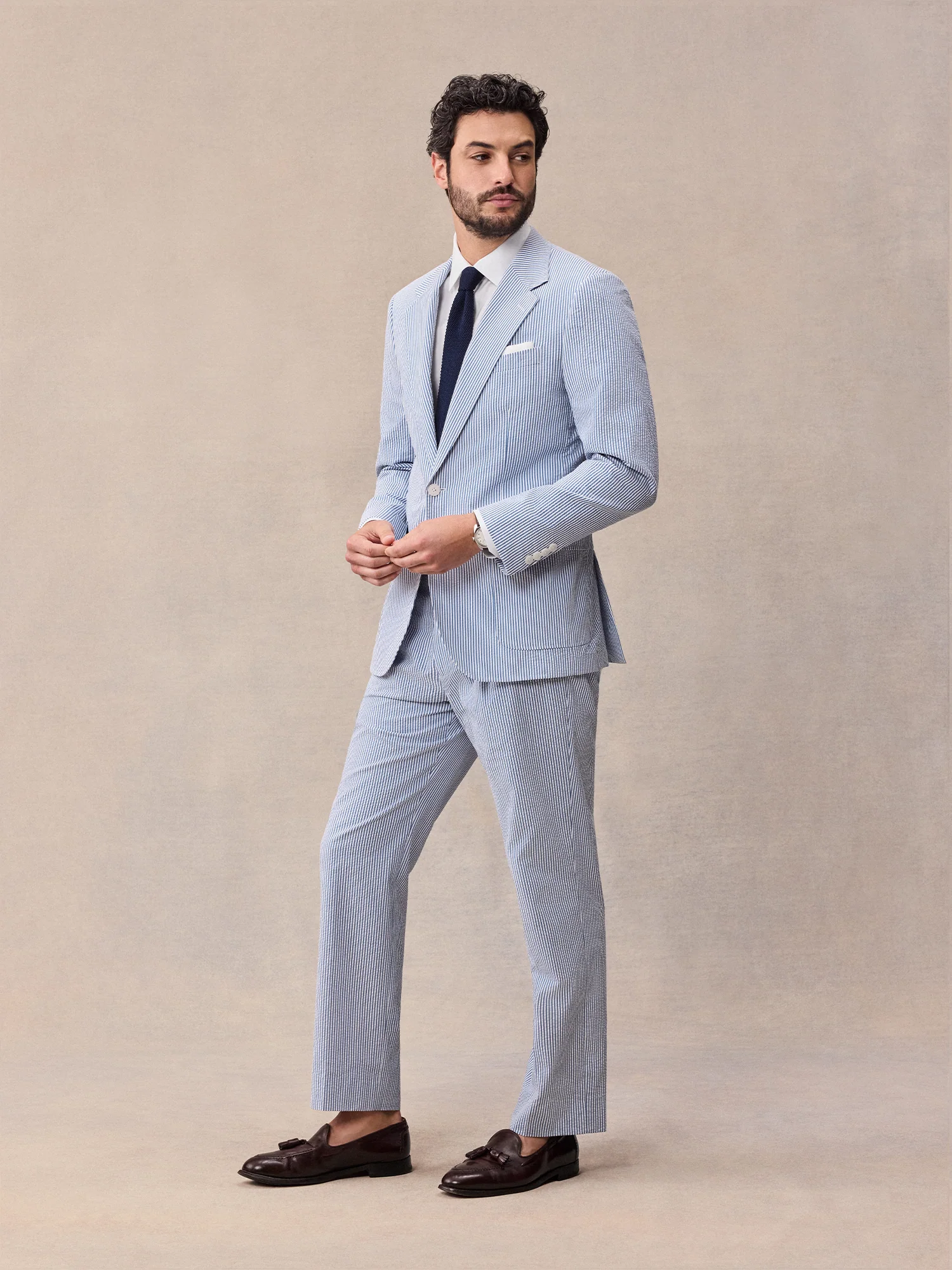 Blue & White Seersucker Suit Jacket - Image 3
